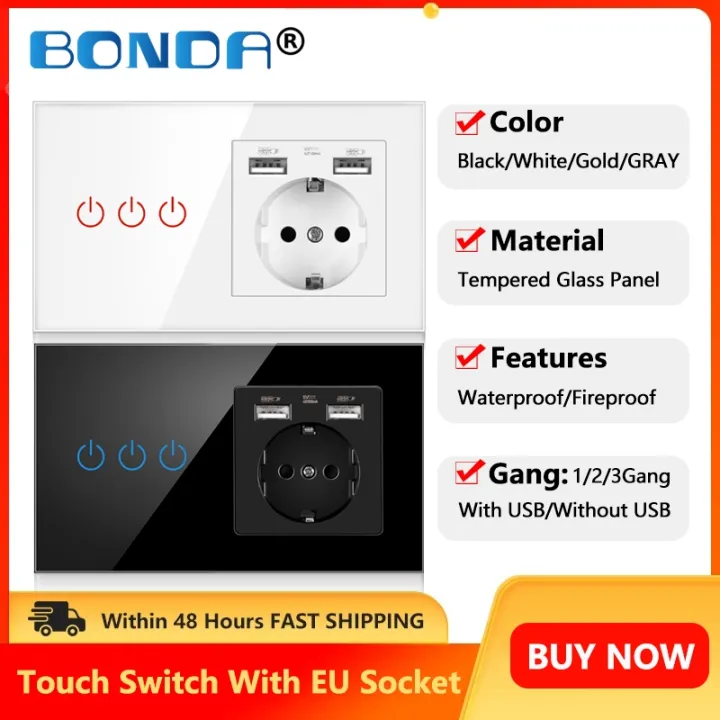 BONDA Light Touch Switch Sensor With EU Usb Wall Socket 1/2/3Gang 1Way ...