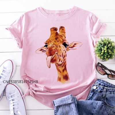 Giraffe Print Pink Woman Basic Tshirts Womens Fun Cute Animal Pattern T Shirt Women Premium Tops Short Sleeve T-Shirt