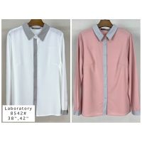 Laboratory 8542 สีพื้น เสื้อเชิ้ตทรงเบสิคแต่งปกทูโทน เสื้อทำงานแขนยาว เสื้อทำงานสุภาพ