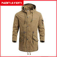 Nanjiren เสื้อโค้ทแฟชั่นผู้ชาย American Vintage Trench Coat Hooded Casual Long Cotton Cargo Jacket Trend