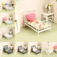 1Set 1:12 Dollhouse Miniature Iron European Bed Cradle Bed with Mattress Cushion Hanging Ornaments Furniture Bedroom Decor Toy