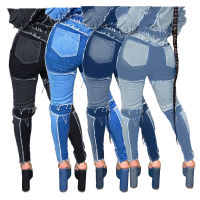 【CW】Women Patchwork Denim Pants R Jeans Ripped Pencil Paneled Trousers Street Skinny High Waist Lady Jean Pants