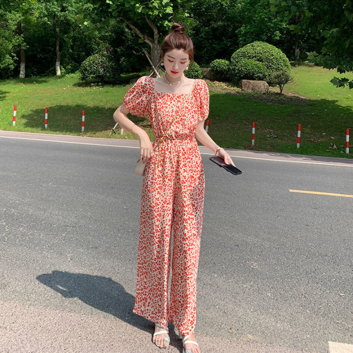 Bodysuit Women Summer chiffon floral jumpsuit New Fashion Chiffon Wide Leg Pants  one piece