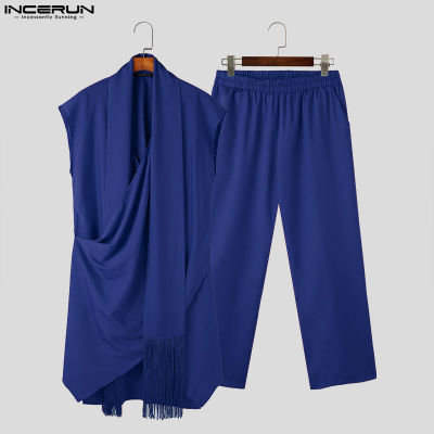 INCERUN ชุดสูท2ชิ้นแขนกุดมีพู่ห้อย + กางเกงขายาวชุดธรรมดาสไตล์มินิมอล (เสื้อผ้าลำลอง) #3