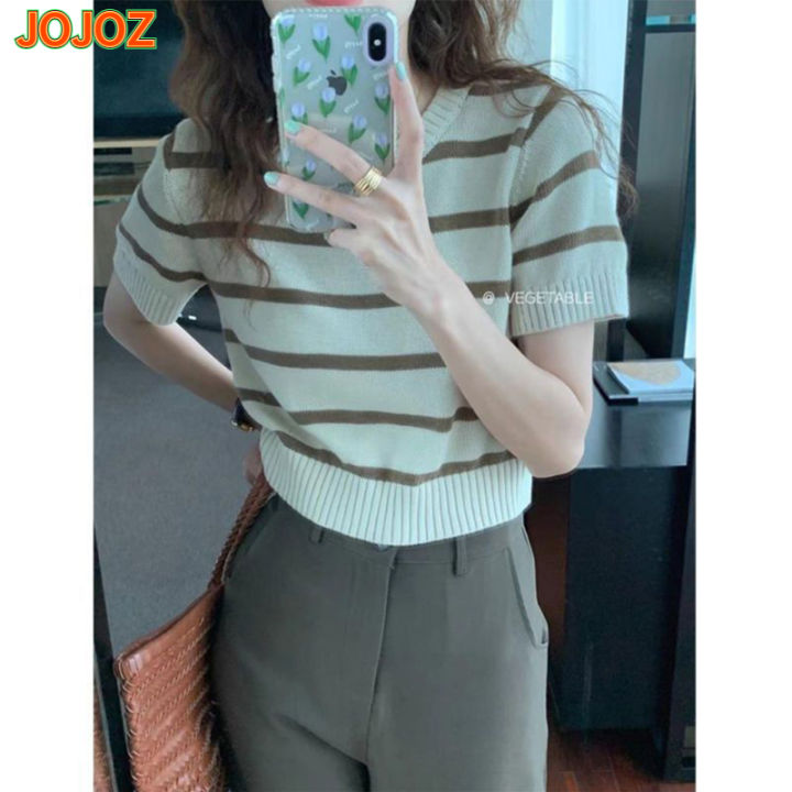 jojoz-เสื้อผู้หญิงแขนสั้นย้อนยุคอินเทรนด์คอกลมลายทาง-baju-rajutan-ลำลองน้ำแข็งเสื้อสวมหัวผ้าไหม