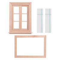 1:12 Miniature Double Window Wooden 6 Pane Frame and Glass Plate Doll House Diy Double Window Accessories for Doll House Decoration
