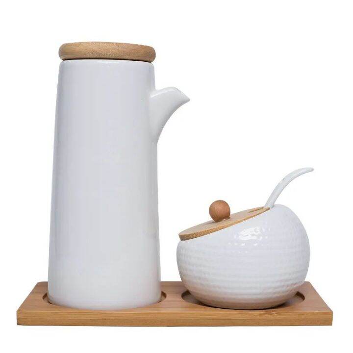 Ceramic Condiments Jar White and Wood 2pcs Lazada PH