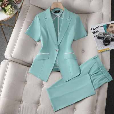 เสื้อสูทแขนสั้นอย่างเป็นทางการผู้หญิงสำนักงานสองชิ้นชุดฤดูร้อนลำลองธุรกิจ Blazer Pantsuit ผู้หญิงแฟชั่นเกาหลี Simple...