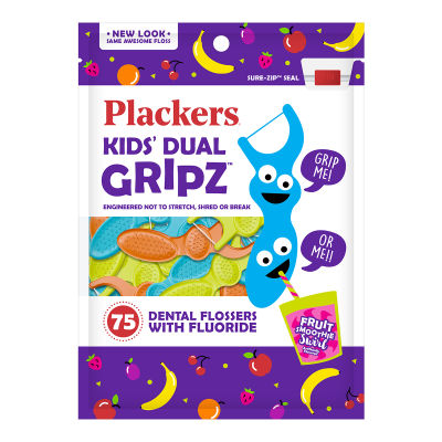 Plackers Flosss - Kids’ Dual Gripz ไหมขัดฟันแบบมีด้ามจับ-สำหรับเด็ก ผสมฟลูออไลด์ 75 pcs.