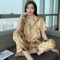 COD DTRUTYUYTUU Hot Sale New good Silk Satin Pajamas Sleepwear Short Sleeve Long Pant Button Home Casual Wear