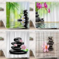 QSR STORE Black Stone Tower Zen Shower Curtain Spa Decor Lotus Purple Orchid Flower and Bamboo Cloth Fabric Bathroom Accessory Set