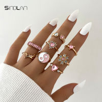 Sindlan Kpop Tai Chi Crystal Gold Heart Rings for Women Punk Letter Pink Set Cute Female Y2k Korean Fashion Jewelry Anillos Anel