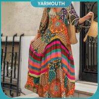 COD DSFGRDGHHHHH yyr--V-Neck Lantern Sleeve Pleated Maxi Dress Retro Ethnic Print Large Hem Beach Long Dress Female Clothing