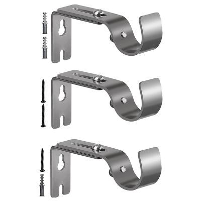 3PCS Silver Curtain Rod Brackets Heavy Duty Curtain Rod Holders Curtain Rods No Drilling for 1 Inch Rod with Installation Screws