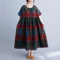 2021Plus Size Women Dress Oversize 4XL 5XL 6XL Cotton Linen Maxi Dress Robe Female Vintage Summer Plaid Boho Beach Sundress 2021 New