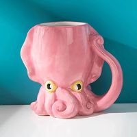 Funny Pink Octopus Ceramic Coffee Mug with Tentacle Handle, Craft 3D Coffee Mugs, Unique Birthday Gift for Friends, Novelty