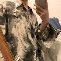 Retro ink printing long-sleeved shirt for men Hong Kong style loose casual non-iron drape blouse Korean trend high street shirt