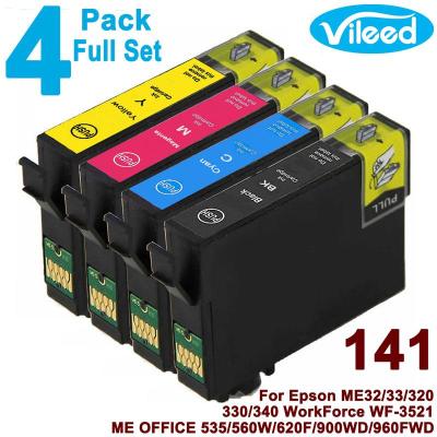 4 Pack 141 BK C M Y Ink for EPSON T1411 T1412 T1413 T1414 Full Set Black Cyan Magenta Yellow Compatible Print Cartridge for ME 32 33 320 330 340 ME32 ME33 ME320 ME330 ME340, ME OFFICE 535 560W 620F 960FWD, WORKFORCE WF-3521 WF3521 Inkjet Printer