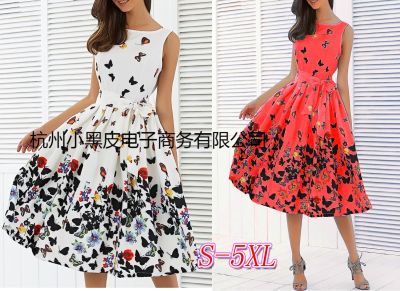 [COD] Large size European and foreign trade models high waist sleeveless butterfly print big swing party dress spot