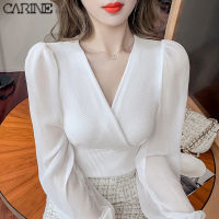 CANINE Blouse For Women Fashion Style V-Neck Thin Long-Sleeved Knitting INS Short Top Shirt