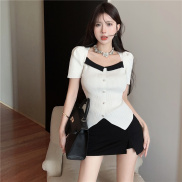 SEZO Korean Square Neck Irregular Bubble Sleeve Knitted Top for Woman