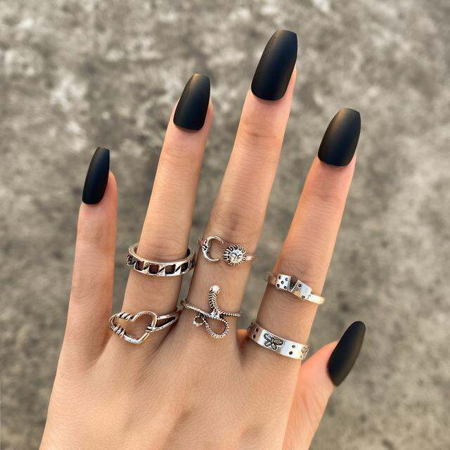 punk-gothic-butterfly-snake-chain-ring-set-for-women-black-dice-vintage-silver-plated-retro-rhinestone-charm-finger-jewelry