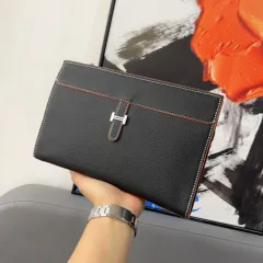 with Gift Box] Original Pradaˉ Men Clutch Bag Genuine Leather Luxury Wallet  Zipper Handbags Large Capacity Multifunctional Men Bag