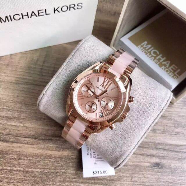 มีสต็อก-mk6066-mk-สร้อยข้อมือคริสตัลสีทองชมพูแบรดชอว์ดั้งเดิมนาฬิกาข้อมือสำหรับผู้หญิง