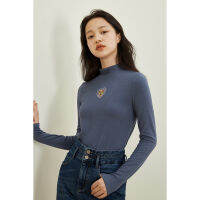 INMAN Autumn Winter Women Warm Base T-shirt Turtleneck Collar Embroidery Minimal Casual Long Sleeve Bottoming Top