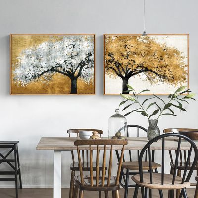Golden Silver Rich Tree Canvas Artwork Modern Abstract Art For Living Room Wall Decor โปสเตอร์และภาพพิมพ์ภาพภูมิทัศน์ Unframed
