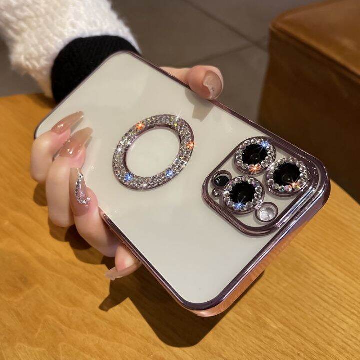 เคสโทรศัพท์โปร่งใสแวววาวหรูหราพลอยเทียมใหม่สำหรับ-iphone-11-12-13-pro-max-x-xr-xs-กันกระแทกเลนส์กล้องถ่ายรูปทองเคสโทรศัพท์ด้านหลัง