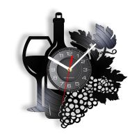 Hot sell Wine Bottle with Wine Glass Grape Cluster Vinyl Record Wall Clock Home Bar Winery Decor Kitchen Still Life Vinyl Album Clock