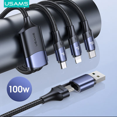 USAMS 100W 3 In 1 Fast Charging Cable USB-C Type-C Lightning PD4.0 USB 3 In 2 Fast Charge สำหรับ 7811 12 Pro Max Micro Type-C สำหรับ Samsung S20 x60826 Xiaomi 10 Vivo P40