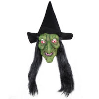 Halloween Horror Green Old Witch Mask with Hat and Black Hair Latex Scary Clown Masks Big Nose Old Women Funny Headgear Props