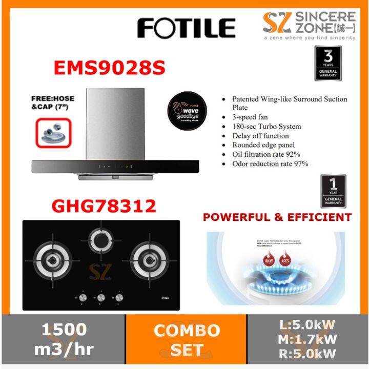 FOTILE EMS9028S CHIMNEY COOKER HOOD 1500m3/hr + FOTILE GHG78312 BUILT ...