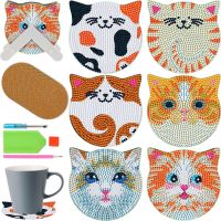 6Pcs Diamond Dot Coasters with Holder Acrylic Diamond Art Coaster Set Non-Slip Cat DIY Diamond Coasters Kitchen Accessories