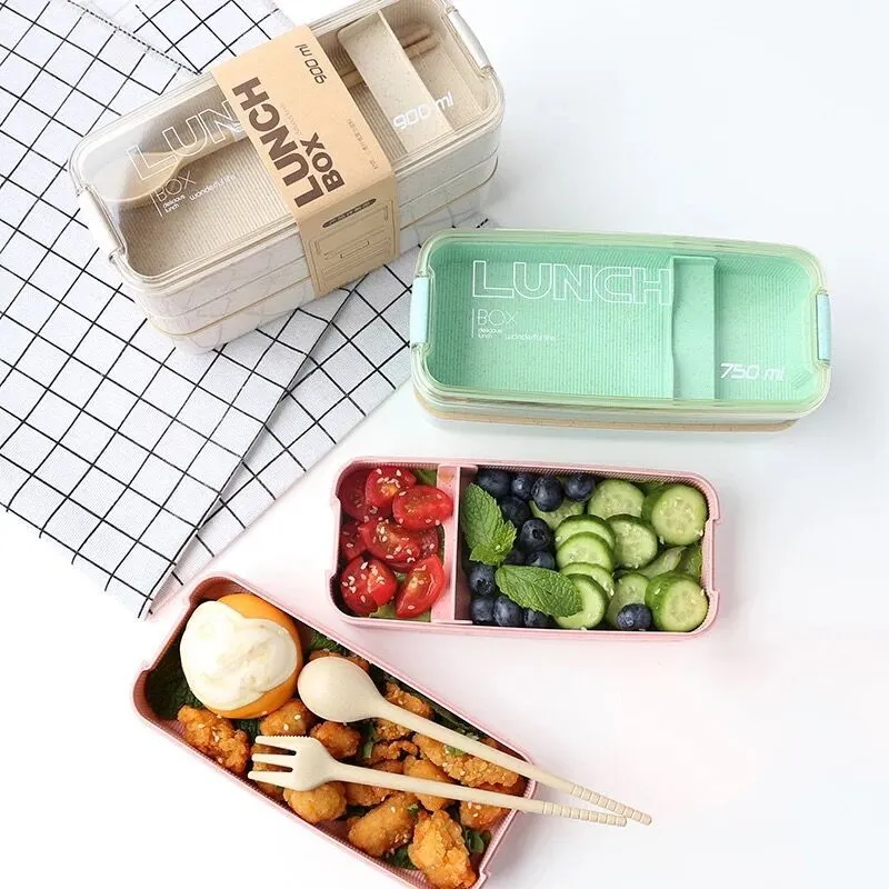 Portable Hermetic Grid Lunch Box School Children Student Bento Box With  Fork Spoon Leakproof Microwavable Prevent Odor School