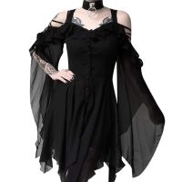 ♀ H30 Dress Women Fashion Dark Black Ruffle Sleeves Off Shoulder Gothic Vestidos 2019 Autumn Party ropa mujer