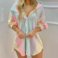 New Women 39;s Spring Summer Printed Long Sleeve Lapel Casual Shirt Dress Ladies Single-breasted Cardigan Irregular Mini Dress 2022