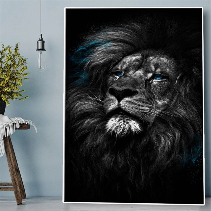 ดวงตาสีฟ้าภาพวาดผ้าใบสิงโตภาพวาดตกแต่งผนังบ้านลายสัตว์สีดำและสีขาว-hiasan-kamar-นั่งเล่นกรอบภายในหรือไร้กรอบ1ชิ้น