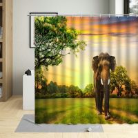 African Elephant Shower Curtains Sunset Forest Wildlife Curtain With Hooks Waterproof Fabric Bathroom Decor Wall Cloth Washable