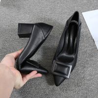 COD DSGRTYRTUTYIY women High Heels2021New Student Pointed Toe Chunky Heel Professional Black Work Shoes