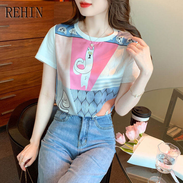 rehin-แฟชั่นสไตล์เกาหลีแบบใหม่สำหรับผู้หญิง-เสื้อยืดสีขาวคอกลมลำลองอเนกประสงค์ทรงหลวมฤดูร้อนแขนสั้น