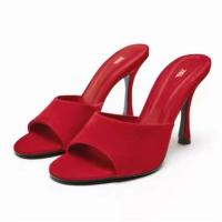 2023 European and American Spring/Summer New Magenta Red Suede Round Head Open Toe Thin Heel High Heel Sandal Girl