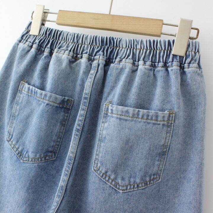 มีไซส์ใหญ่-plus-size-womens-wide-leg-denim-summer-shorts-elastic-waist-solid-color-casual-female-shorts-with-pockets