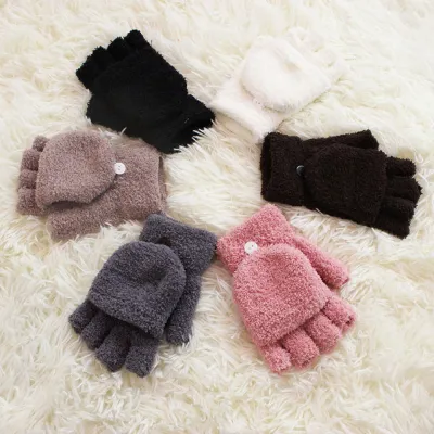 Thick Warm Gloves Womens Gloves Warmer Mittens Half Finger Gloves Winter Gloves Soft Coral Fleece Gloves