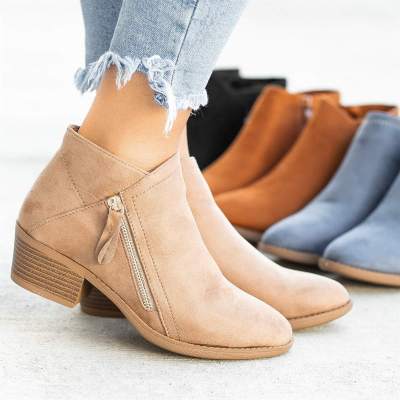 top●Women Side Zipper Boots Fashion Suede Low Heel Shoes Women Short Boots Square Heels Casual Ankle Boots Plus Size 43 Botas Mujer