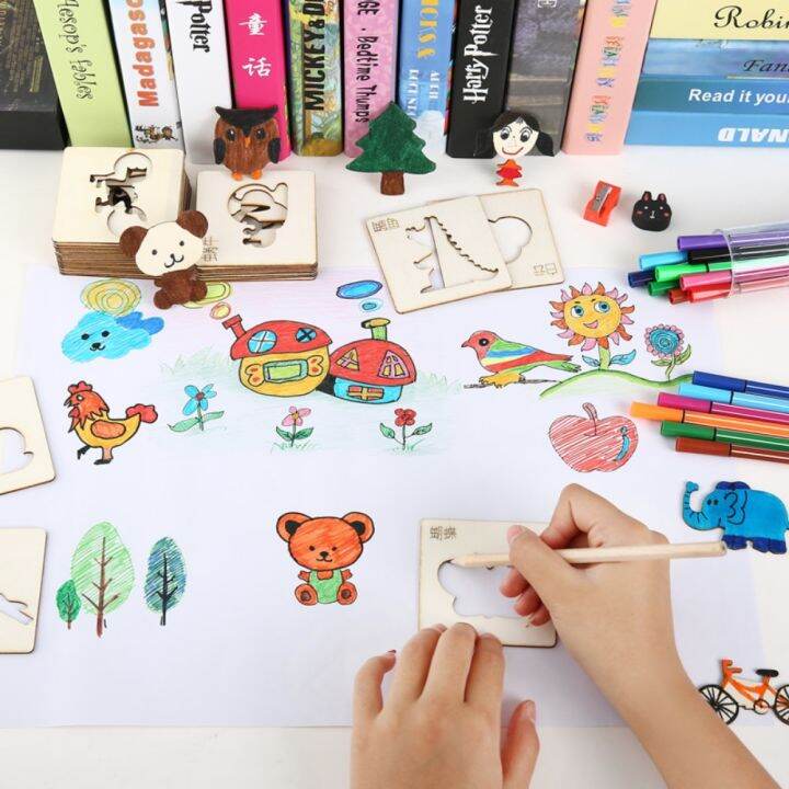 montessori-educational-toys-for-children-kids-painting-drawing-toys-wooden-diy-template-stencils-learning-christmas-gift