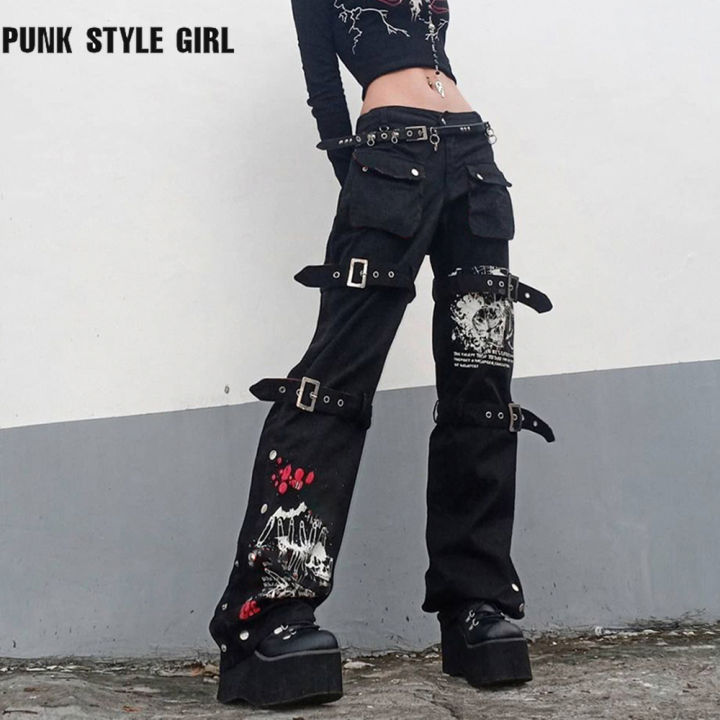 Women’s Chains Black Rhinestones Gothic Punk Buckles Pant Emo Tripp Pants