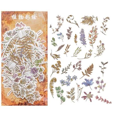 Journamm 60pcs Vintage Plant Stickers Deco Journaling Stationery Washi Paper Retro Material Flowers Leaves Plants Deco Stickers